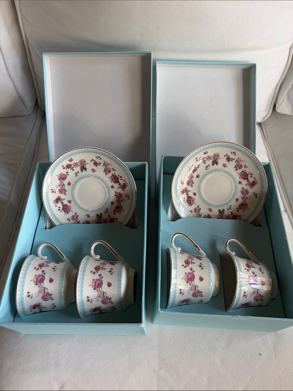Shabby Chic Pink Rose Teacup and Saucer Set with Blue Trim